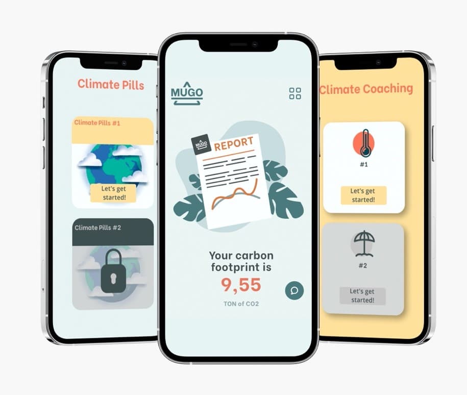 img 1: “Tre smartphone visualizzano la piattaforma climate-tech MUGO HR”