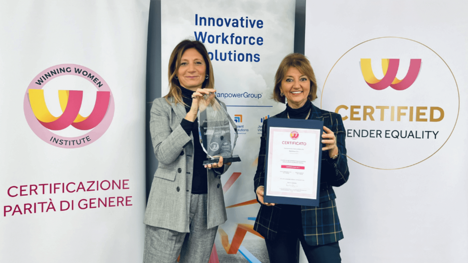 Anna Gionfriddo, ad di ManpowerGroup Italia, premiata da Paola Corna Pellegrini, Presidente di WWI