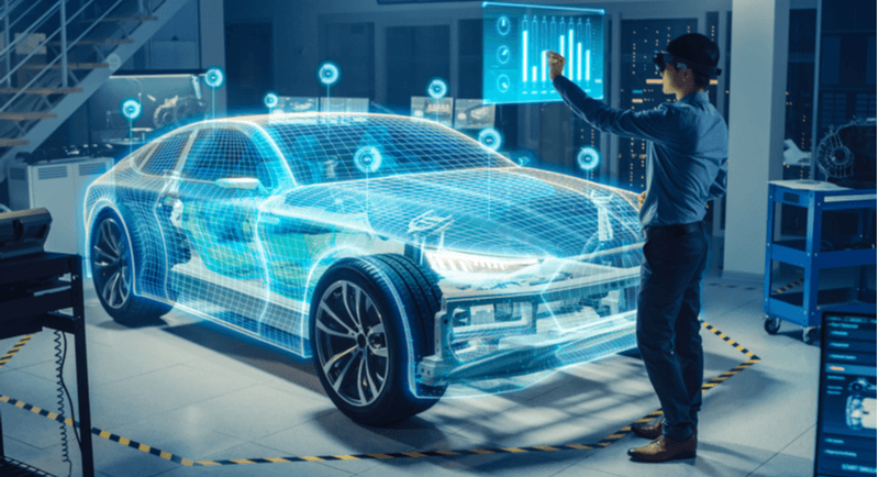 Ingegnere meccanico automotive lavora in realtà aumentata